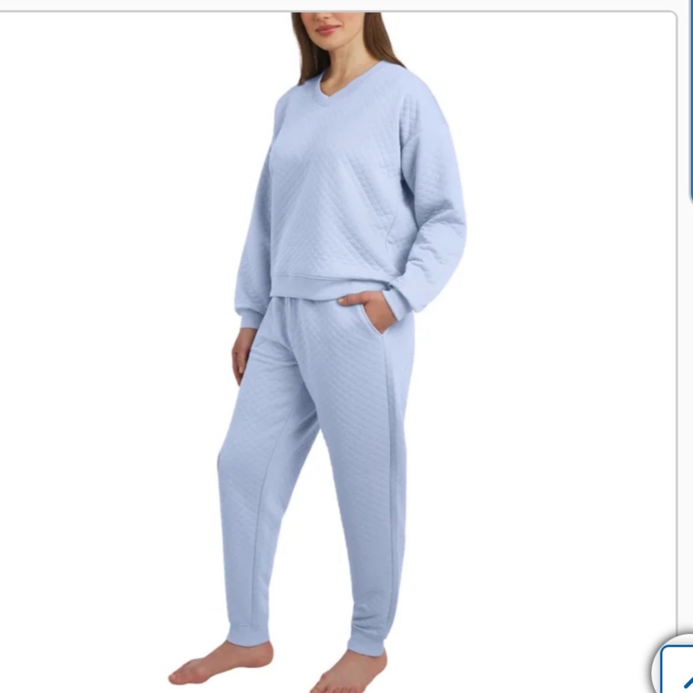 NEW Lands End Quilted V‑Neck 2‑Piece Lounge Set — Light Blue - Picture 2 of 5